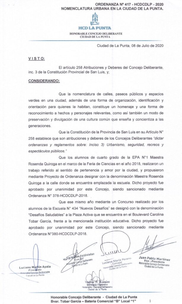 thumbnail of ORDENANZA N°417- VIGENTE-HCDCDLP-2020- NOMENCLATURA URBANA DE LA CIUDAD DE LA PUNTA