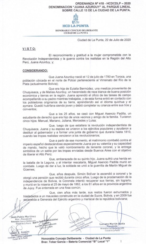 thumbnail of ORDENANZA N°418- VIGENTE-HCDCDLP-2020- DENOMINACION JUANA AZURDUY AL PARQUE LINEAL SOBRE CALLE 13 DE LA CIUDAD DE LA PUNTA