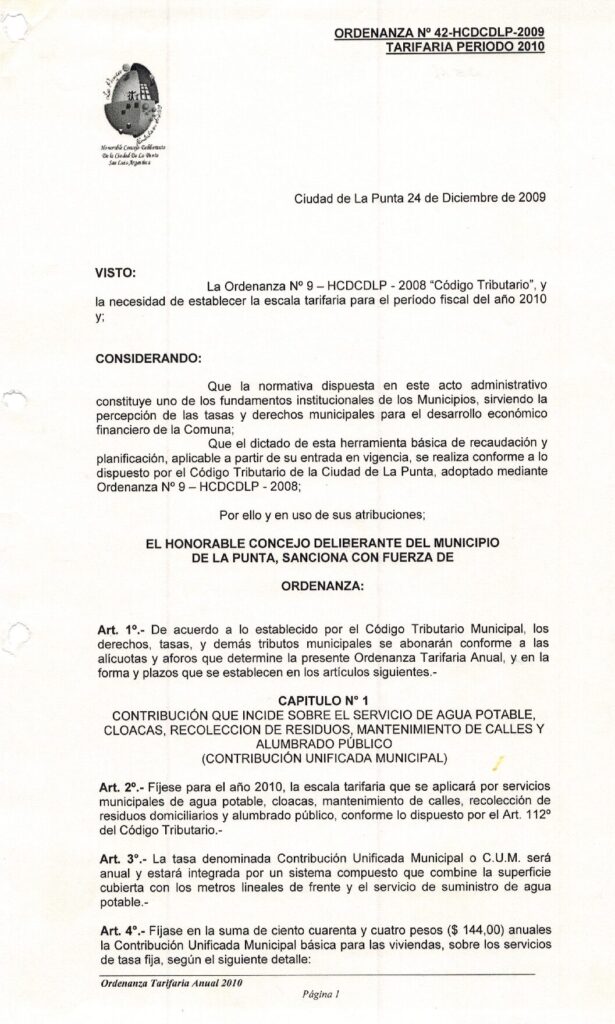 thumbnail of ORDENANZA N°42-NO VIGENTE-HCDCDLP-2009-TARIFARIA PERIODO 2010.