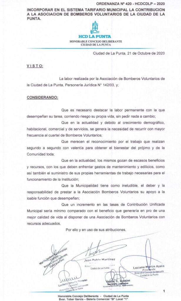 thumbnail of ORDENANZA N°420 – VIGENTE-HCDCDLP-2020-INCORPORAR EN EL SISTEMA TARIFARIO MUNICIPAL LAMCONTRIBUCION A LA ASOCIACION DE BOMBEROS VOLUNTARIOS DE LA CIUDAD DDE LA PUNTA