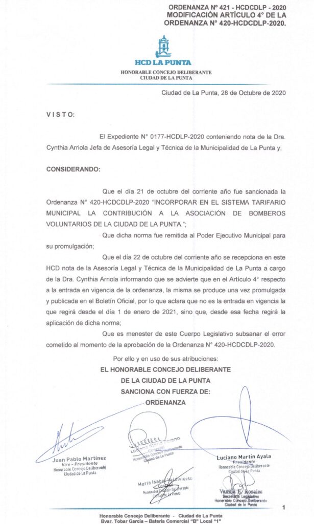 thumbnail of ORDENANZA N°421 – VIGENTE-HCDCDLP-2020-MODIFCACION DE ART.4 DE LA ORDENANZA N°420-HCDCDLP-2020