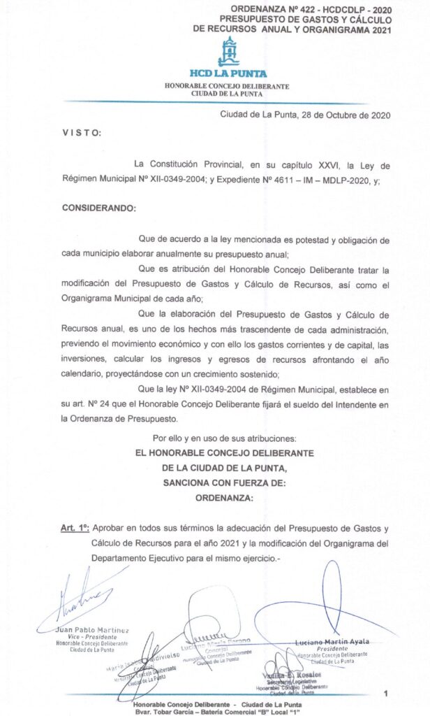 thumbnail of ORDENANZA N°422- VIGENTE-HCDCDLP-2020- PRESUPUESTO DE GASTOS Y CALCULO DE RECURSOS ANUAL Y ORGANIGRAMA 2021