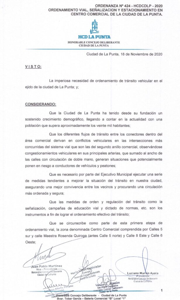 thumbnail of ORDENANZA N°424 – VIGENTE-HCDCDLP-2020-ORDENAMIENTO VIAL, SEÑALIZACION Y ESTACIONAMIENTO EN CENTRO COMERCIAL DE LA CIUDAD DE LA PUNTA
