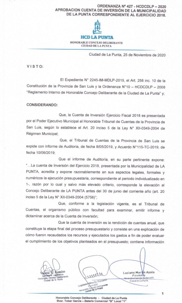 thumbnail of ORDENANZA N°427 -NO VIGENTE-HCDCDLP-2020- APROBACION CUENTA DE INVERSION DE LA MUNICIPALIDAD DE LA PUNTA CORRESPONDIENTE AL EJERCICIO 2018