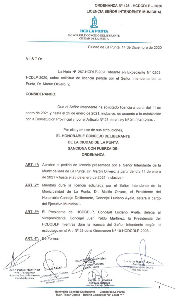 thumbnail of ORDENANZA N°428-NO VIGENTE-HCDCDLP-2020- LICENCIA SEÑOR INTENDENTE MUNICIPAL