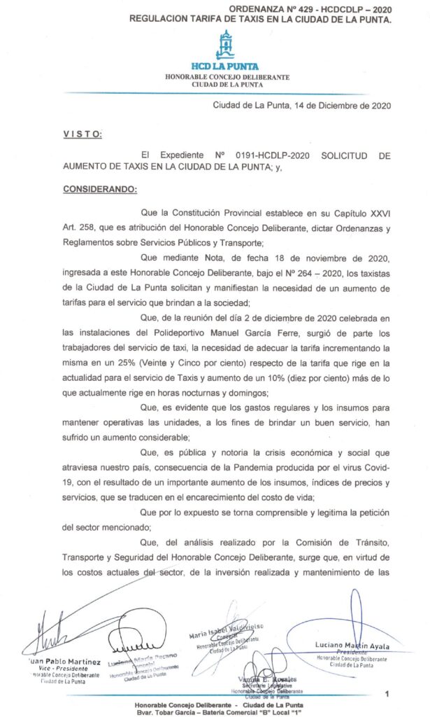 thumbnail of ORDENANZA N°429 -NO VIGENTE-HCDCDLP-2020- REGULACION DE TARIFA DE TAXIS EN LA CIUDAD DE LA PUNTA