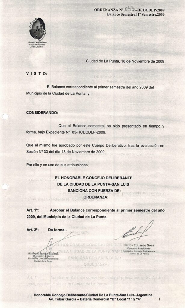 thumbnail of ORDENANZA N°43-NO VIGENTE-HCDCDLP-2009- BALANCE SEMESTRAL 1° SEMESTRE 2009