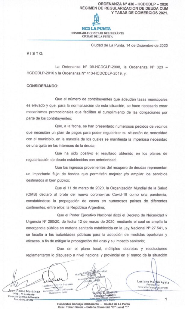 thumbnail of ORDENANZA N°430- VIGENTE-HCDCDLP-2020- REGIMEN DE REGULARIZACION DE DEUDA CUM Y TASAS DE COMERCIOS 2021