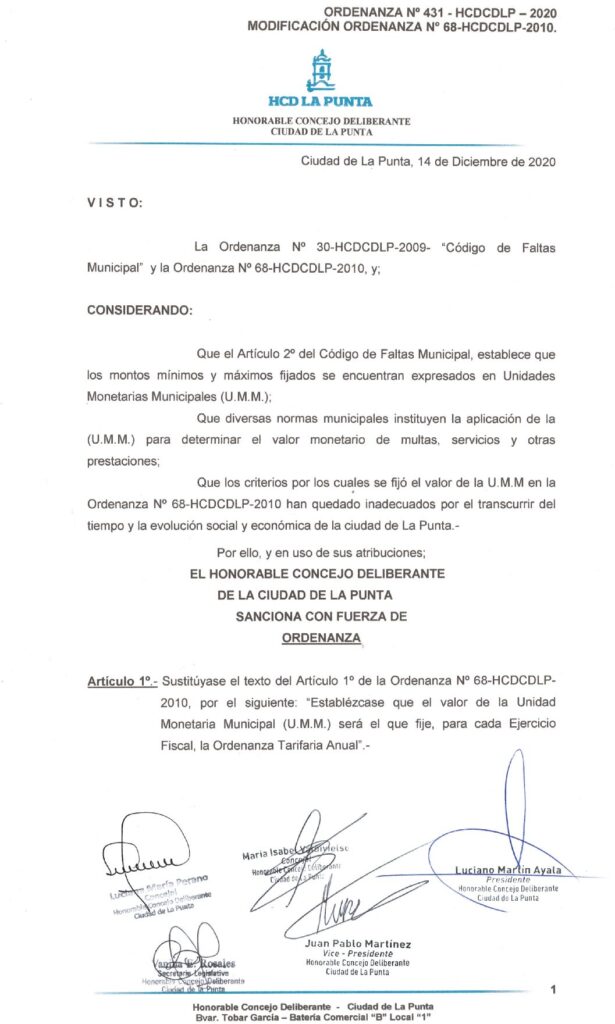 thumbnail of ORDENANZA N°431- VIGENTE-HCDCDLP-2020- MODIFICACION ORDENANZA N°68-HCDCDLP-2010