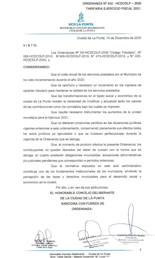 thumbnail of ORDENANZA N°432 -NO VIGENTE-HCDCDLP-2020- TARIFARIA EJERCICIO FISCAL 2021