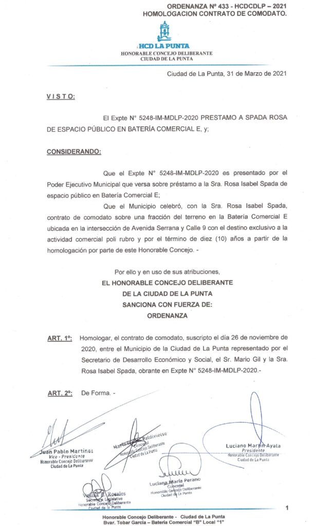 thumbnail of ORDENANZA N°433- VIGENTE-HCDCDLP-2021- HOMOLOGACION CONTRATO DE COMODATO