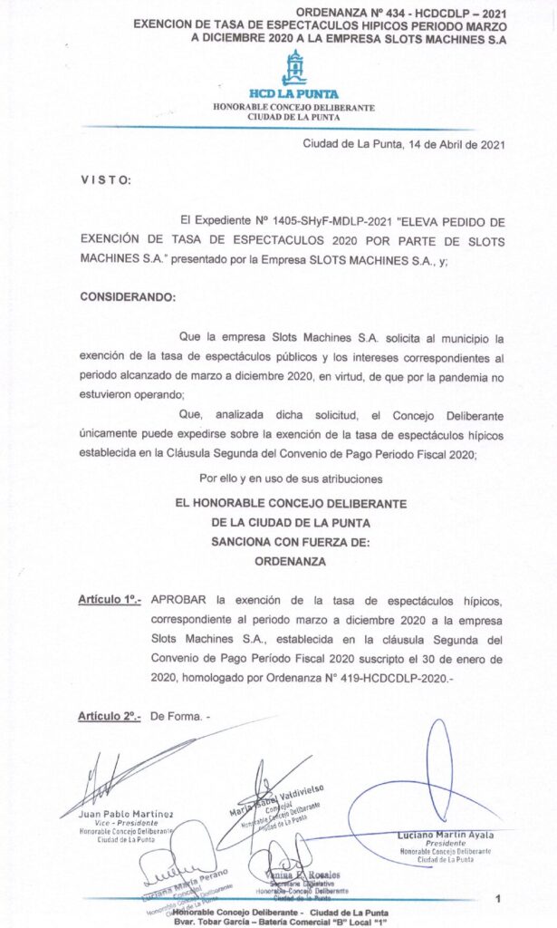 thumbnail of ORDENANZA N°434-NO VIGENTE-HCDCDLP-2021- EXENCION DE TASA DE ESPECTACULOS HIPICOS PERIODO MARZO A DICIEMBRE 2020 A LA EMPRESA SLOTS MACHINES S.A