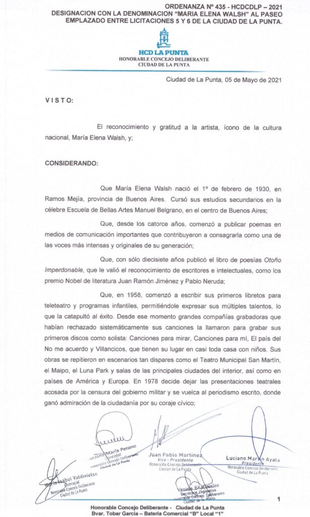 thumbnail of ORDENANZA N°435-VIGENTE-HCDCDLP-2021- DESIGNACION CON LA DENOMINACION MARIA ELENA WALSH AL PASEO EMPLAZADO ENTRE LIC. 5 Y 6 DE LA CIUDAD DE LA PUNTA