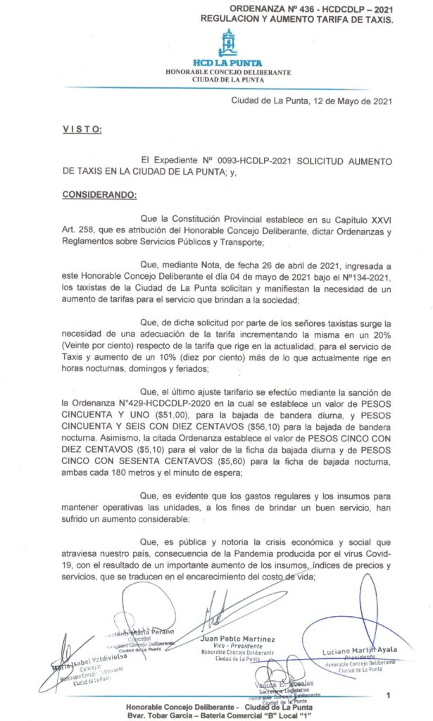 thumbnail of ORDENANZA N°436-NO VIGENTE-HCDCDLP-2021- REGULACION Y AUMENTO DE TARIFA DE TAXIS