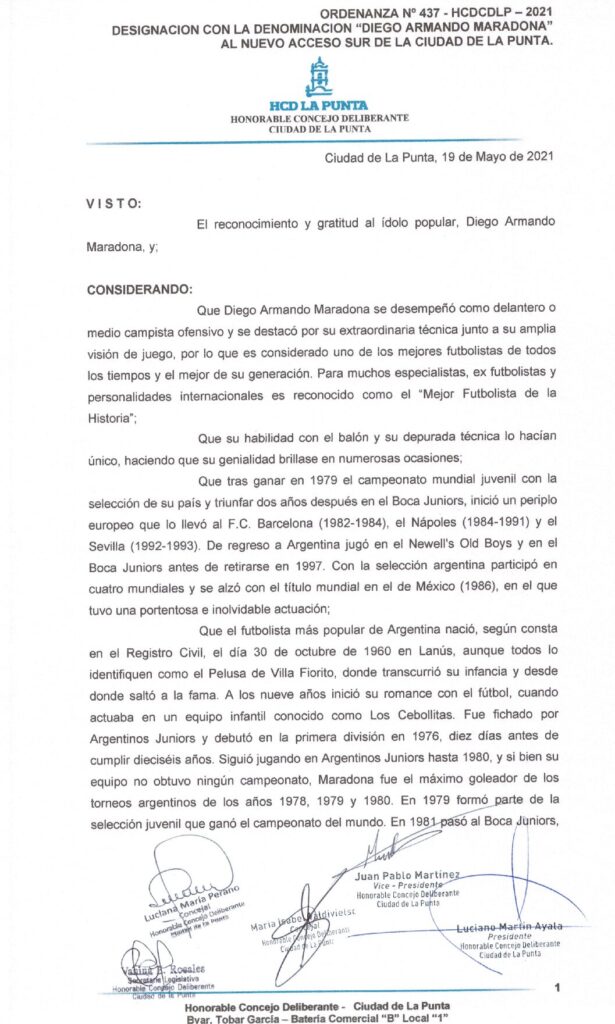 thumbnail of ORDENANZA N°437 -VIGENTE-HCDCDLP-2021-DESIGNACION CON LA DENOMINACION DIEGO ARMANDO MARADONA AL NUEVO ACCESO SUR DE LA CIUDAD DE LA PUNTA