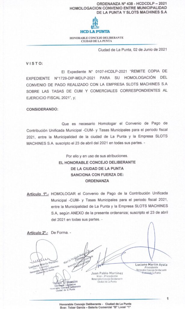 thumbnail of ORDENANZA N°438- VIGENTE-HCDCDLP-2021- HOMOLOGACION CONVENIO ENTRE MUNICIPALIDAD DE LA PUNTA Y SLOTS MACHINES S.A