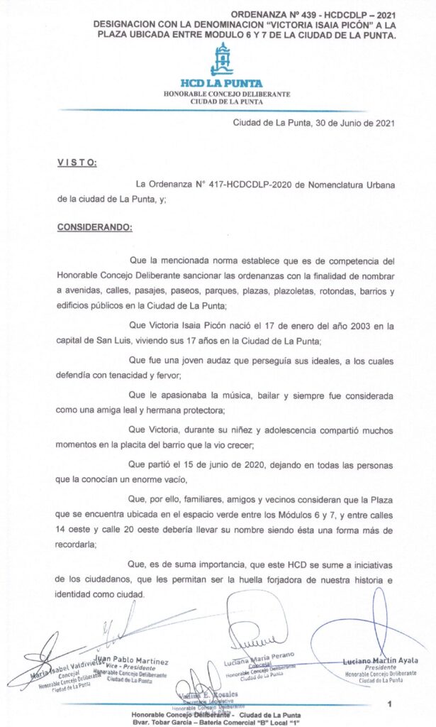thumbnail of ORDENANZA N°439- VIGENTE-HCDCDLP-2021- DESIGNACION CON LA DENOMINACION VICTORIA ISAIA PICON A LA PLAZA UBICADA ENTRE MOD. 6 Y 7 DE LA CIUDAD DE LA PUNTA