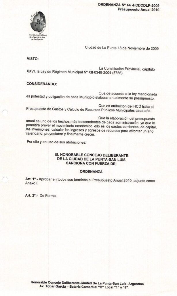 thumbnail of ORDENANZA N°44-NO VIGENTE-HCDCDLP-2009- PRESUPUESTO ANUAL 2010.