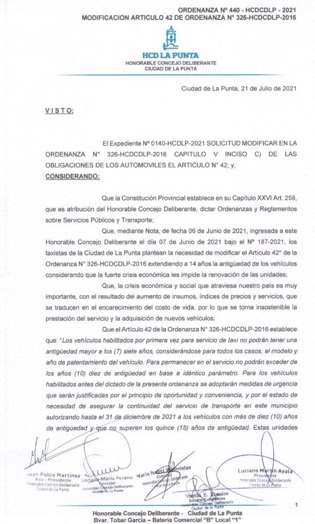 thumbnail of ORDENANZA N°440- VIGENTE-HCDCDLP-2021- MODIFICACION DEL ART. 42 DE ORDENANZA N° 326 HCDCDLP 2016