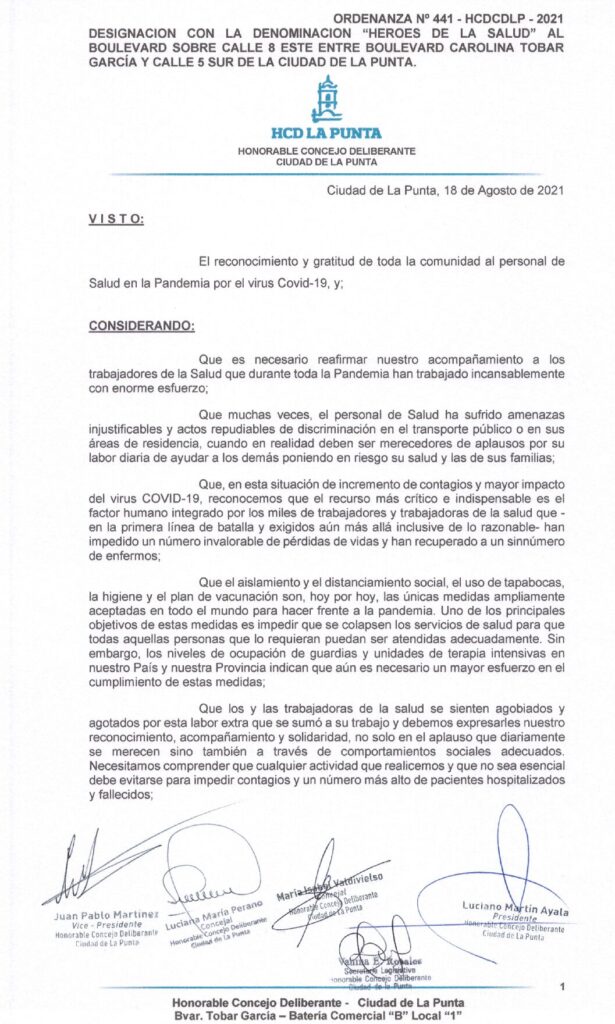 thumbnail of ORDENANZA N°441- VIGENTE-HCDCDLP-2021- DESIGNACION CON LA DENOMINACION HEROES DE LA SALUD AL BVD. SOBRE CALEE 8 E ENTRE BVD CAROLINA.T. GARCIA Y CALLE 5 S DE LA CIUDAD DE LA PUNTA