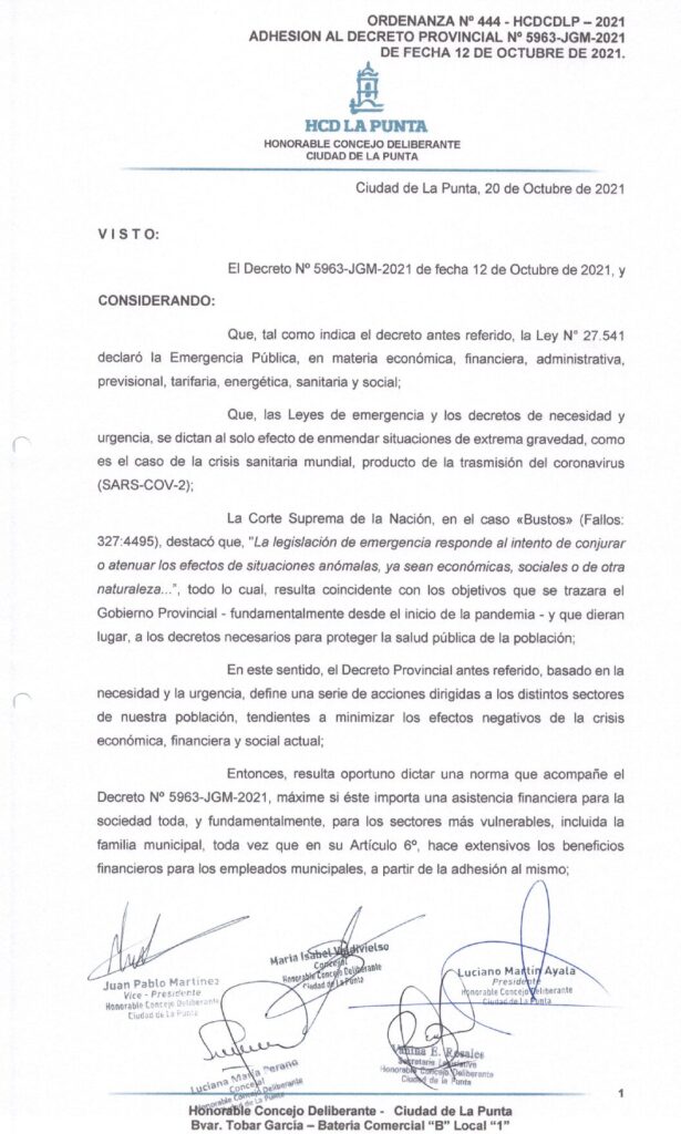 thumbnail of ORDENANZA N°444- VIGENTE-HCDCDLP-2021- ADHESION AL DECRETO PROVINCIAL N°5963-JGM-2021 DE FECHA 12 DE OCTUBRE DE 2021