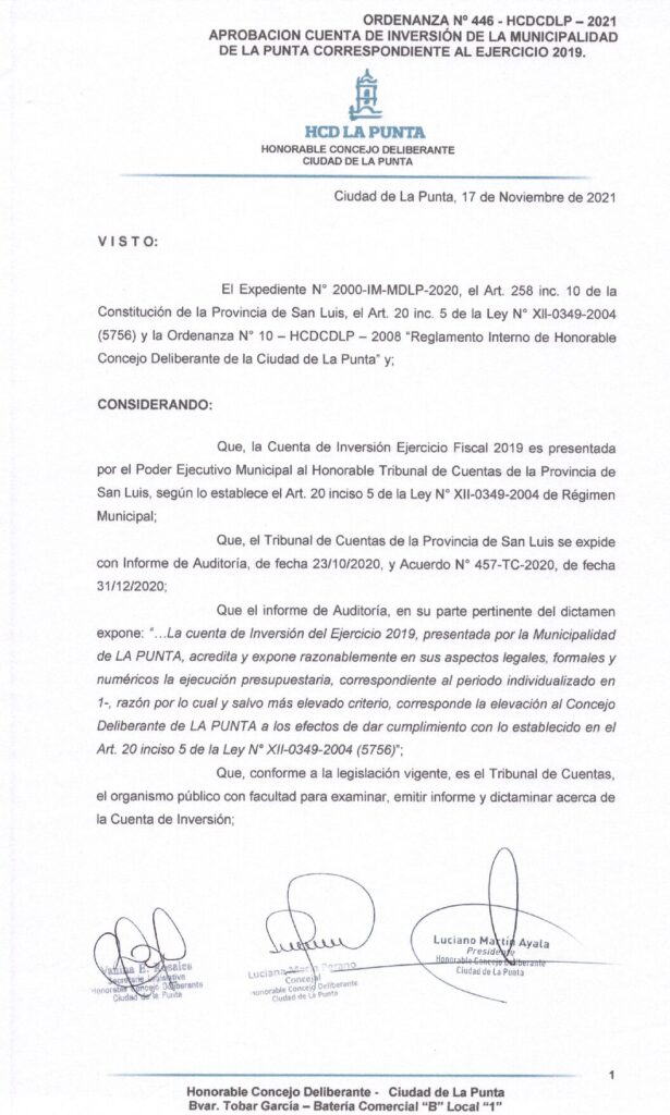 thumbnail of ORDENANZA N°446 – VIGENTE-HCDCDLP-2021-APROBACION CUENTA DE INVERSION DE LA MUNICIPALIDAD DE LA CIUDAD DE LA PUNTA CORRESPONDIENTE AL EJERCICIO 2019