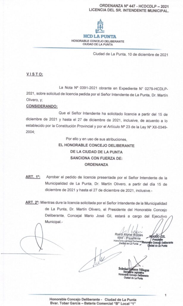 thumbnail of ORDENANZA N°447 -NO VIGENTE-HCDCDLP-2021-LICENCIA DEL SR. INTENDENTE MUNICIPAL