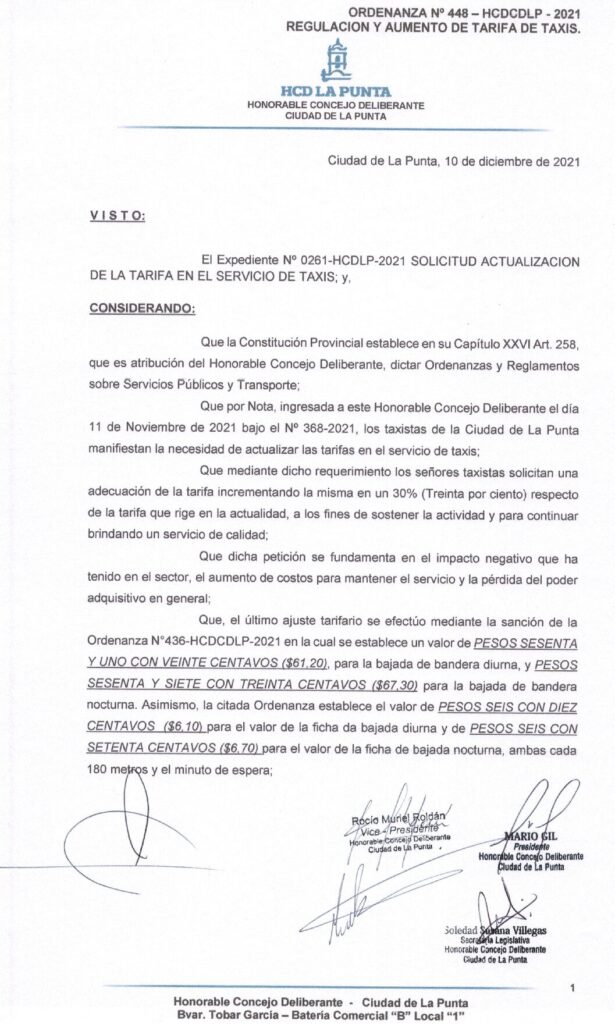 thumbnail of ORDENANZA N°448 -NO VIGENTE-HCDCDLP-2021-REGULACION U AUMENTO DE TARIFA DE TAXIS