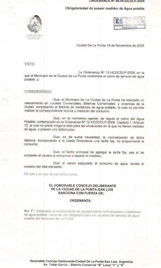 thumbnail of ORDENANZA N°45 -VIGENTE-HCDCDLP-2009-OBLIGATORIEDAD DE POSEER MEDIDOR DE AGUA POTABLE.