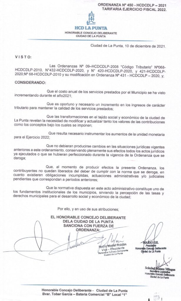 thumbnail of ORDENANZA N°450 -NO VIGENTE-HCDCDLP-2021- TARIFARIA EJERCICIO FISCAL 2022