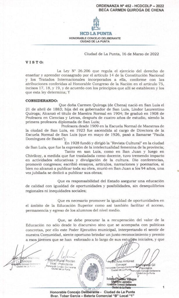 thumbnail of ORDENANZA N°452- VIGENTE-HCDCDLP-2022- BECA CARMEN QUIROGA DE CHENA