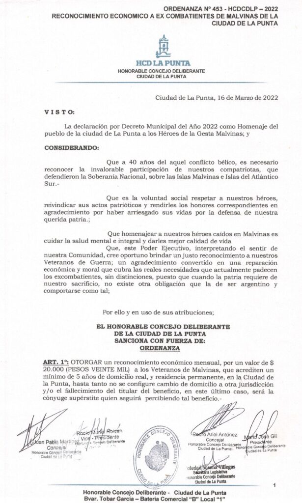 thumbnail of ORDENANZA N°453- VIGENTE-HCDCDLP-2022- RECONOCIMIENTO ECONOMICO A EX CONBATIENTES DE MALVINAS DE LA CIUDAD DE LA PUNTA