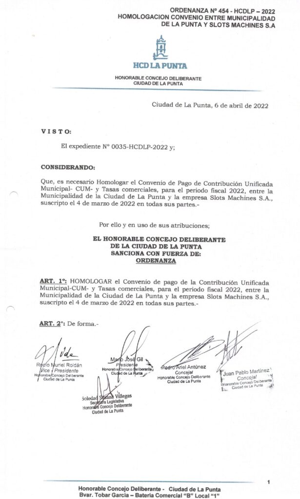 thumbnail of ORDENANZA N°454- VIGENTE-HCDCDLP-2022- HOMOLOGACION CNVENIO ENTRE MUNICIPALIDAD DE LA PUNTA Y SLOTS MACHIN SA
