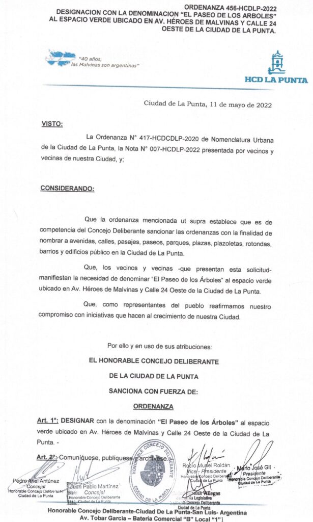 thumbnail of ORDENANZA N°456- VIGENTE-HCDCDLP-2022- DESIGNACION CON LA DENOMINACION EL PASEO DE LOS ARBOLES AL ESPACIO VERDE