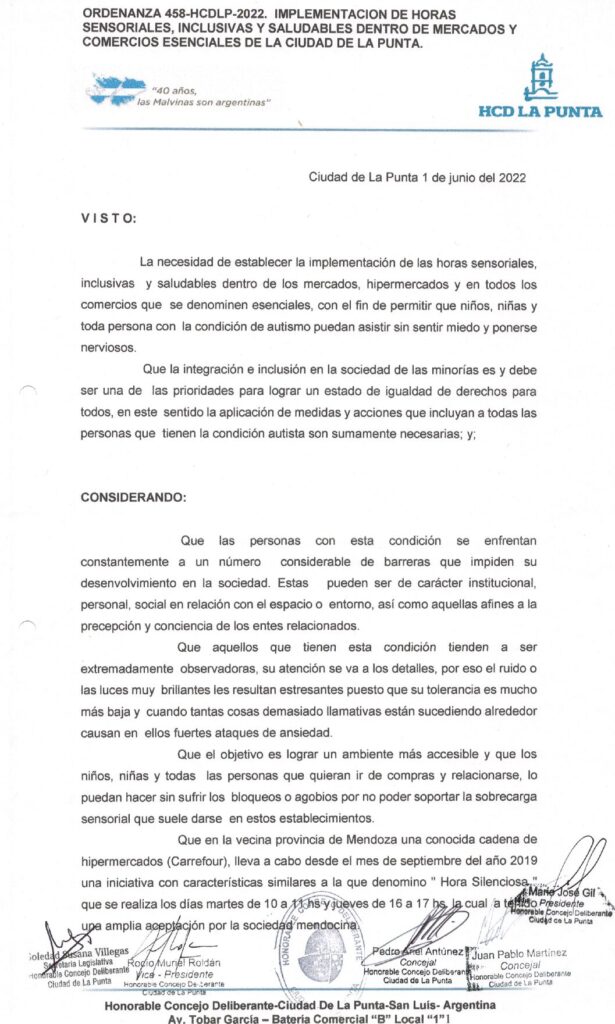 thumbnail of ORDENANZA N°458- VIGENTE-HCDCDLP-2022- IMPLEMENTACION DE HORAS SENSORIALES, INCLUSIVAS Y SALUDABLES DENTRO DE MERCADOS Y COMERCIOS ESENCIALES DE LA CIUDAD DE LA PUNTA