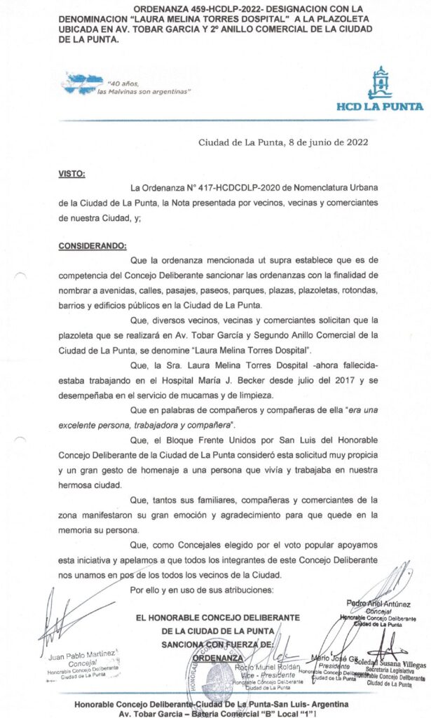 thumbnail of ORDENANZA N°459 – VIGENTE-HCDCDLP-2022- DESIGNACION CON LA DENOMINACION LAURA MELINA TORRES DOSPITAL A LA PLAZOLETA