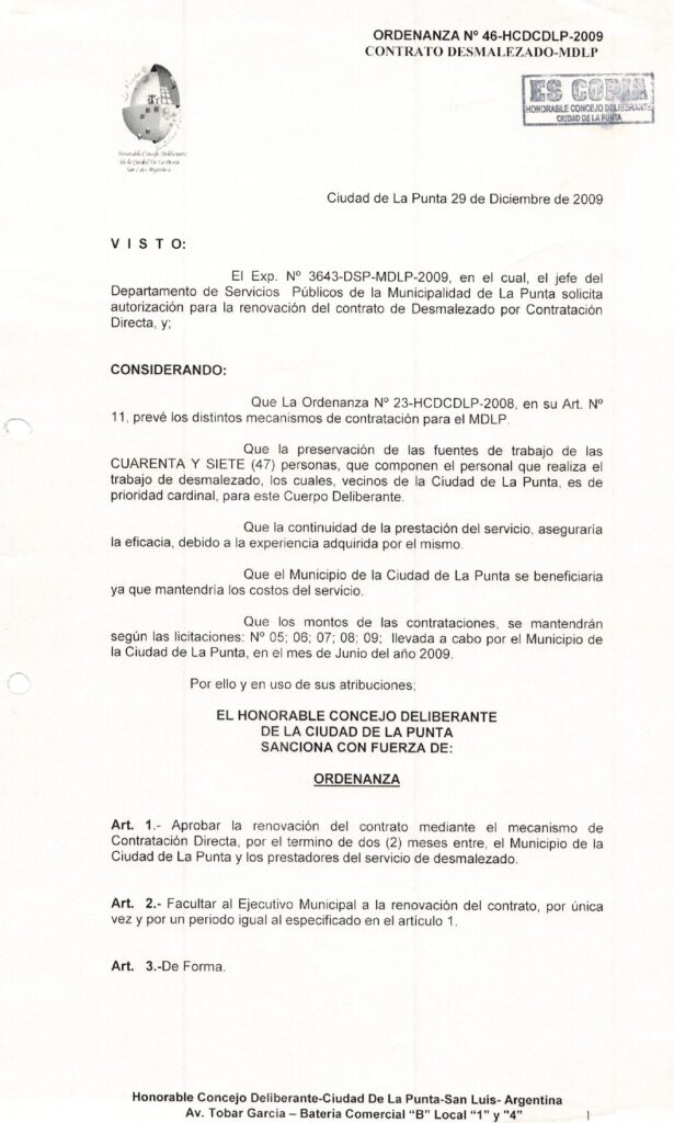 thumbnail of ORDENANZA N°46-NO VIGENTE-HCDCDLP-2009- CONTRATO DEZMALEZADO-MDLP.