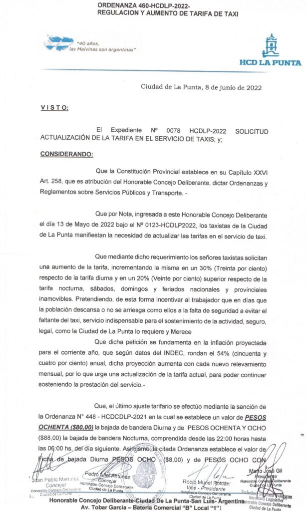 thumbnail of ORDENANZA N°460 – NO VIGENTE-HCDCDLP-2022-REGULACION Y AUMENTO DE TARIFA DE TAXI