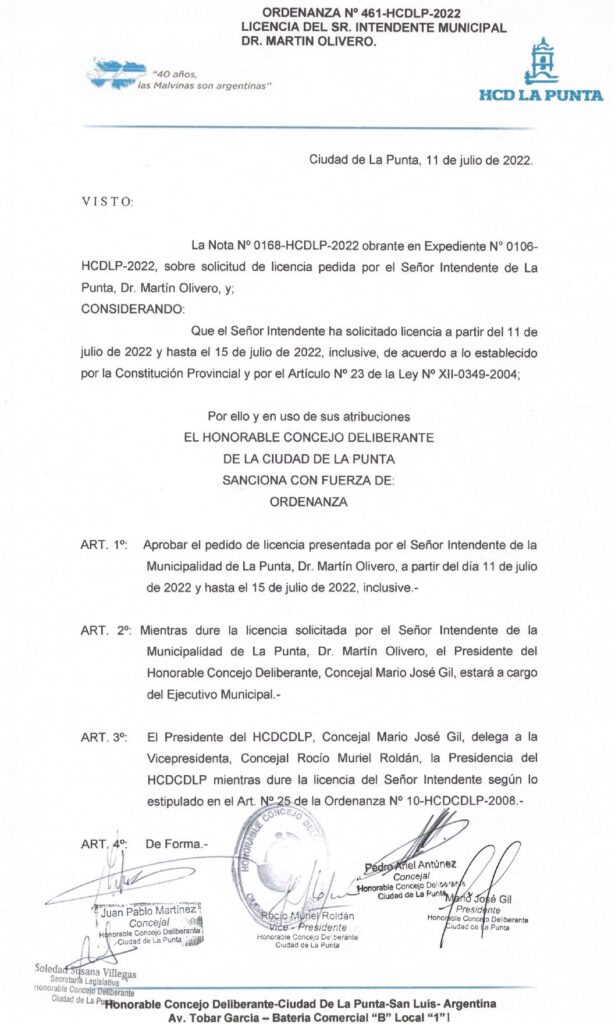 thumbnail of ORDENANZA N°461 – NO VIGENTE-HCDCDLP-2022-LICENCIA DEL SR. INTENDENTE MUNICIPAL DR. MARTIN OLIVERO
