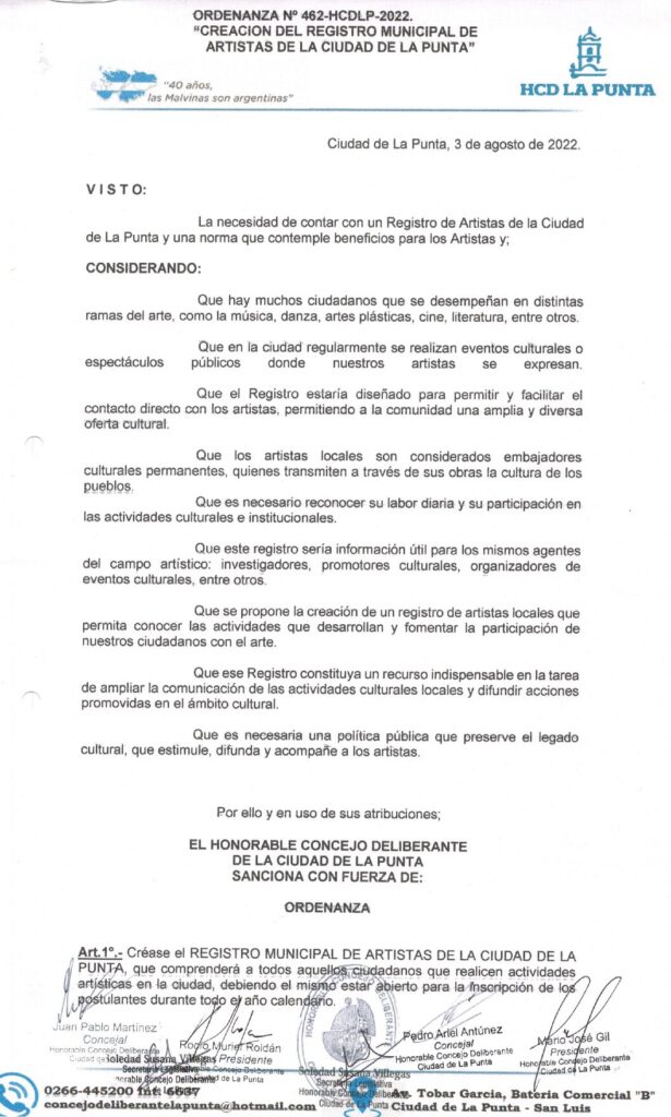 thumbnail of ORDENANZA N°462 – VIGENTE-HCDCDLP-2022- CREACION DEL REGISTRO MUNICIPAL DE ARTISTA DE LA CIUDAD DE LA PUNTA