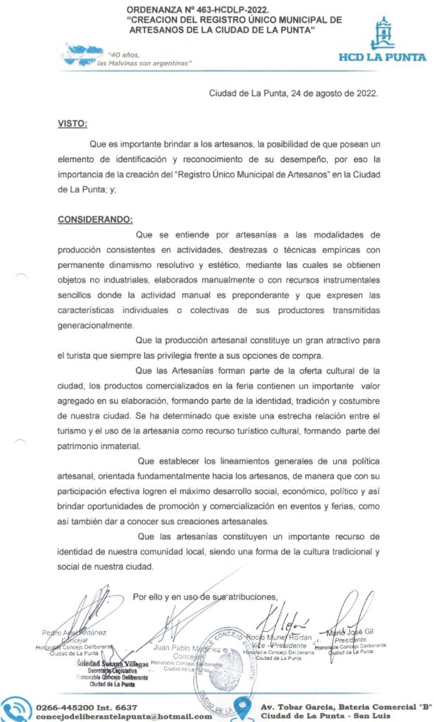thumbnail of ORDENANZA N°463 – VIGENTE-HCDCDLP-2022-CREACION DEL REGISTRO UNICO MUNICIPAL DE ARTESANOS DE LA CIUDAD DE LA PUNTA.