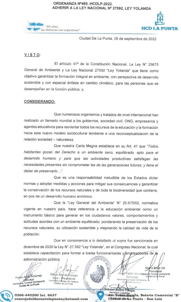 thumbnail of ORDENANZA N°465- VIGENTE-HCDCDLP-2022- ADHERIR A LA LEY NACIONAL N°27592, LEY YOLANDA.