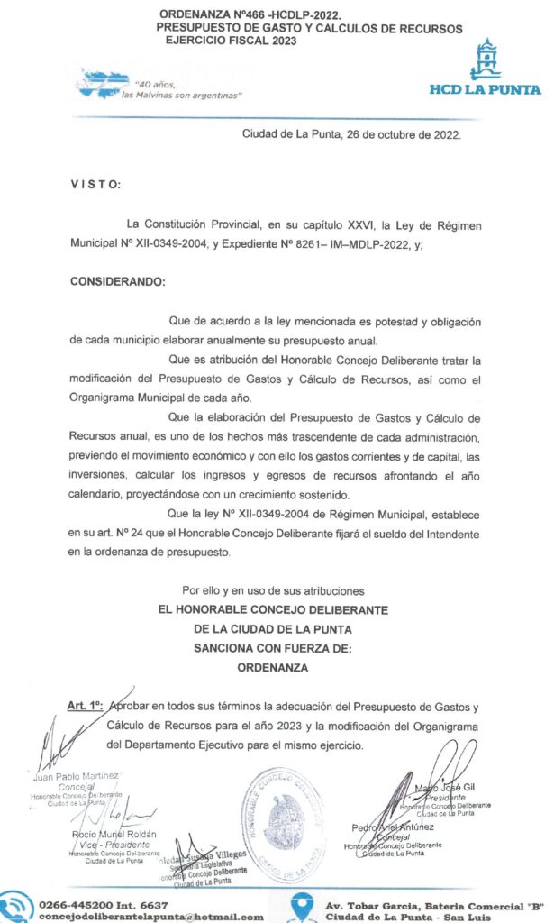 thumbnail of ORDENANZA N°466-NO VIGENTE-HCDCDLP-2022- PRESUPUESTO DE GASTO Y CALCULOS DE RECURSOS EJERCICIO FISCAL 2023