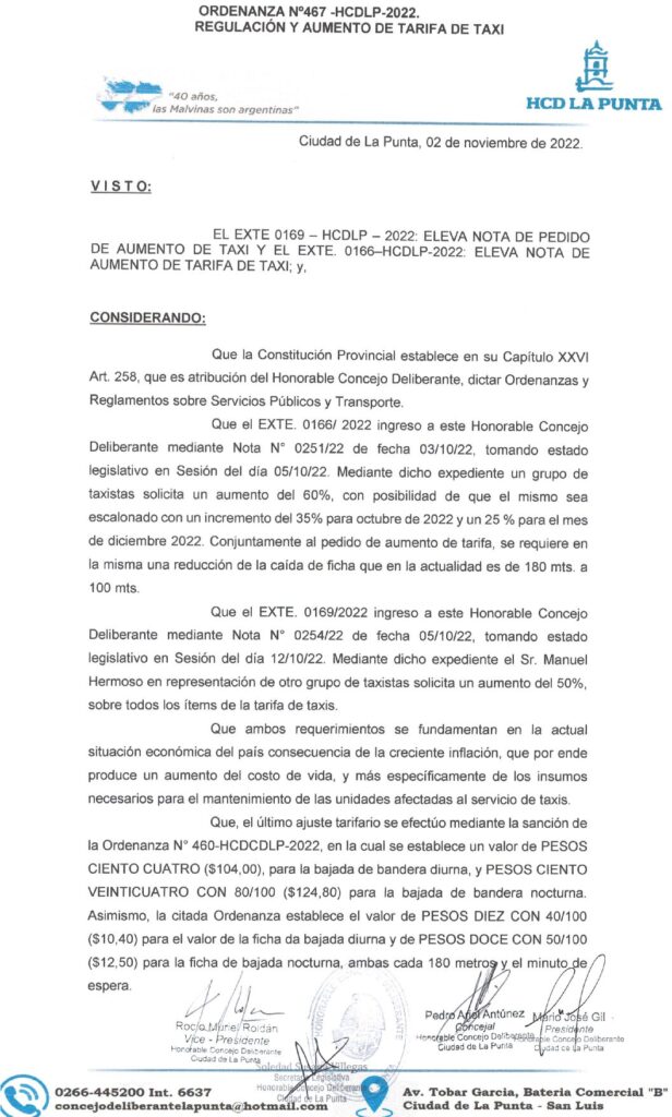 thumbnail of ORDENANZA N°467 – NO VIGENTE-HCDCDLP-2022-REGULACION Y AUMENTO DE TARIFA DE TAXI.