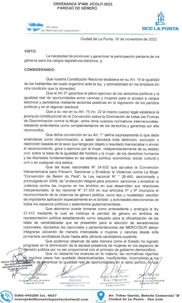 thumbnail of ORDENANZA N°468 – VIGENTE-HCDCDLP-2022-PARIDAD DE GENERO.