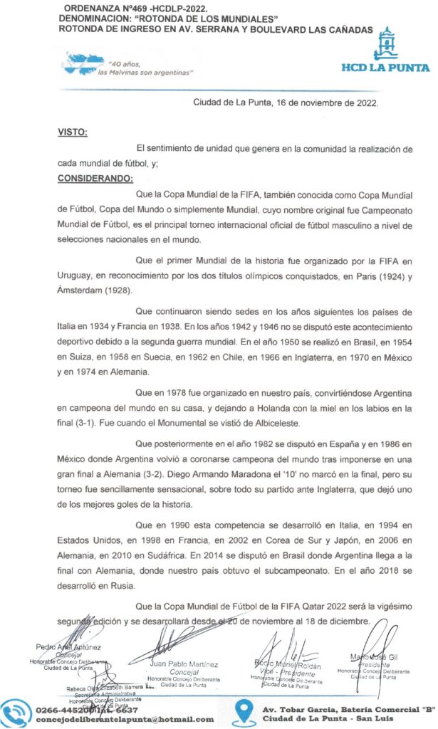 thumbnail of ORDENANZA N°469- VIGENTE-HCDCDLP-2022- DENOMINACION ROTONDA DE LOS MUNDIALES ROTONDA INGRESO EN AV. SERRANA Y BOULEVARD LAS CAÑADAS