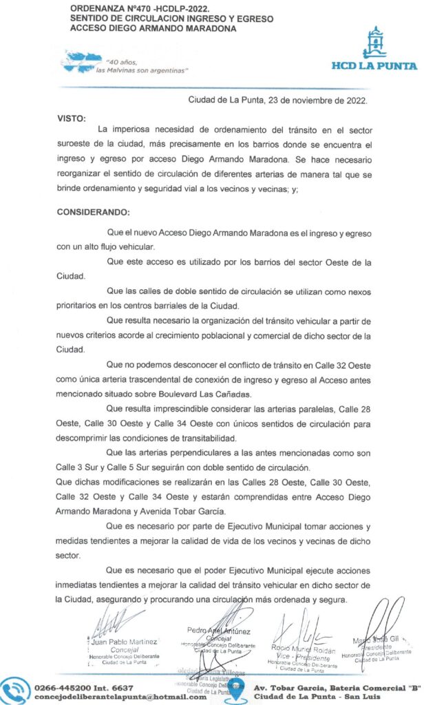 thumbnail of ORDENANZA N°470- VIGENTE-HCDCDLP-2022- SENTIDO DE CIRCULACION INGRESO Y EGRESO ACCESO DIEGO ARMANDO MARADONA.