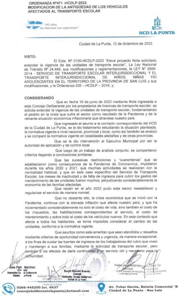 thumbnail of ORDENANZA N°471- VIGENTE-HCDCDLP-2022- MODIFICACION DE LA ANTIGUEDAD DE LOS VEHICULOS AFECTADOS AL TRANSPORTE ESCOLAR.