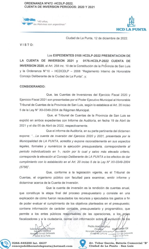 thumbnail of ORDENANZA N°472- NO VIGENTE-HCDCDLP-2022- CUENTA DE INVERSION PERIODOS 2020-2021
