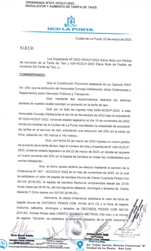 thumbnail of ORDENANZA N°474- NO VIGENTE-HCDCDLP-2023- REGULACION Y AUMENTO DE TARIFA DE TAXIS